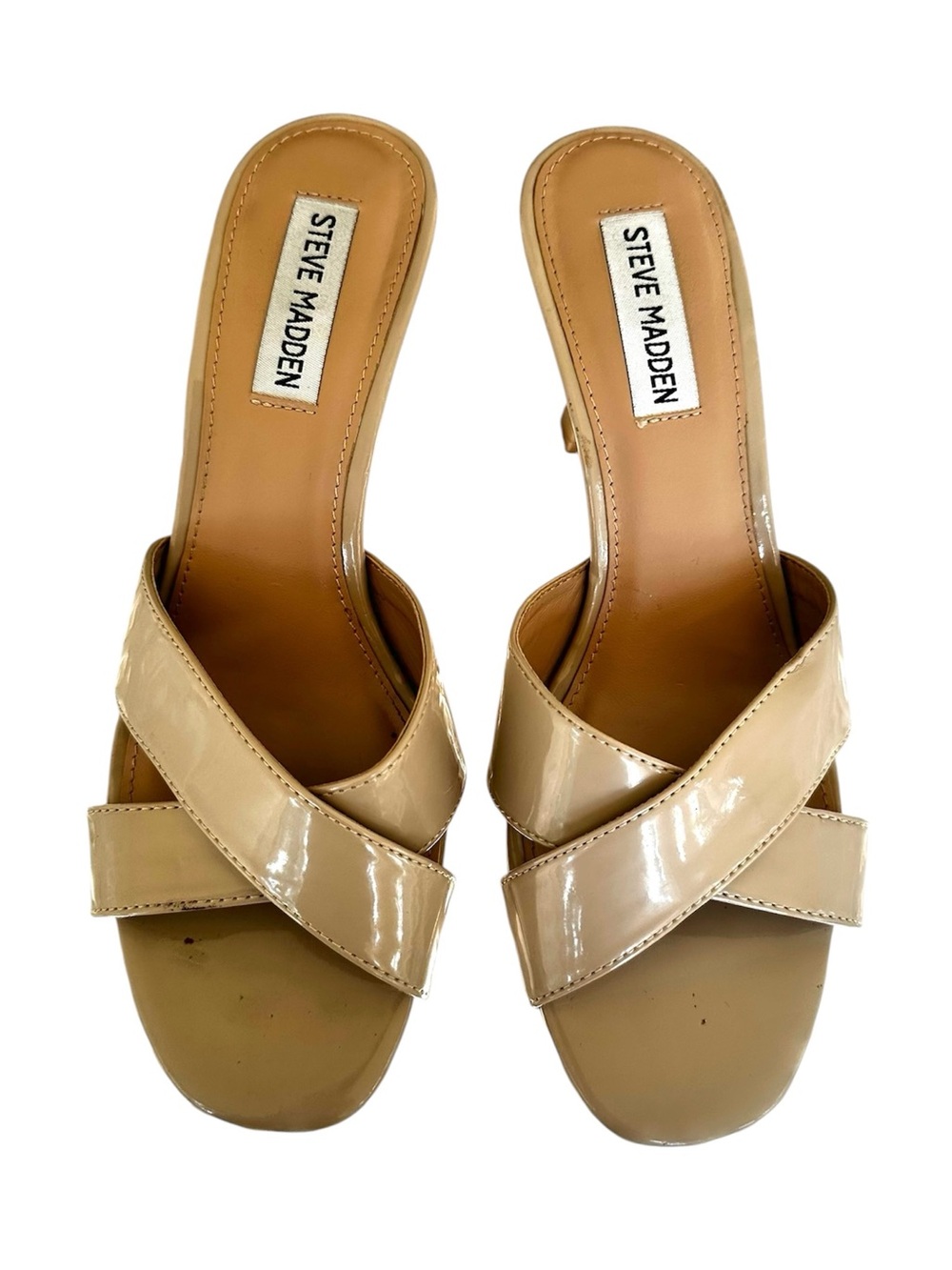 Steve Madden “Hazel” Beige Patent Crisscross Slide Heeled Sandals - 8